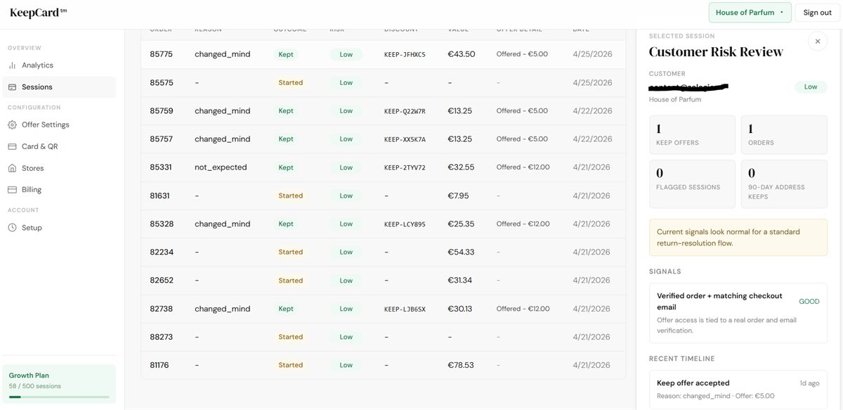 KeepCard fraud protection settings screen with repeated-claim rules, risk response mode, and return escalation controls.