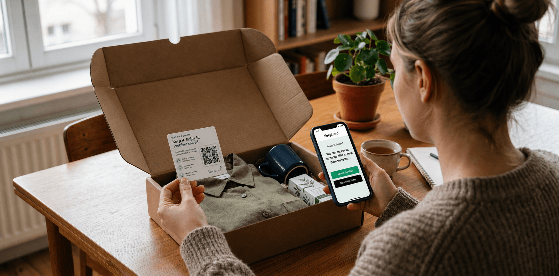Customer opening a delivery box, holding a KeepCard QR insert and viewing a keep offer on their phone screen.