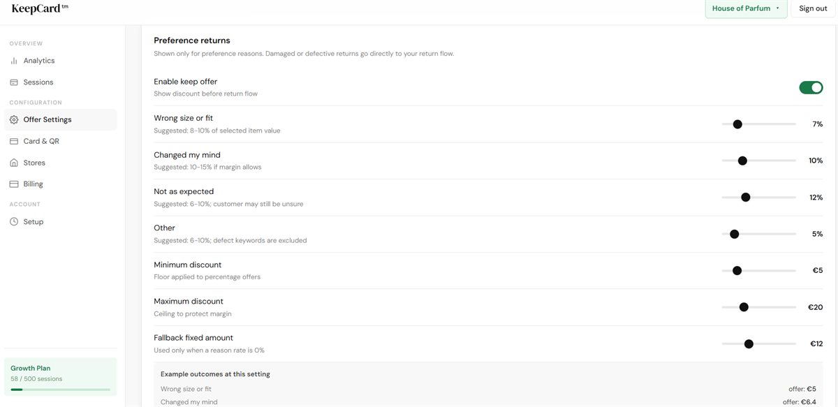 KeepCard offer settings screen with configurable keep offer percentages by return reason and discount limits.