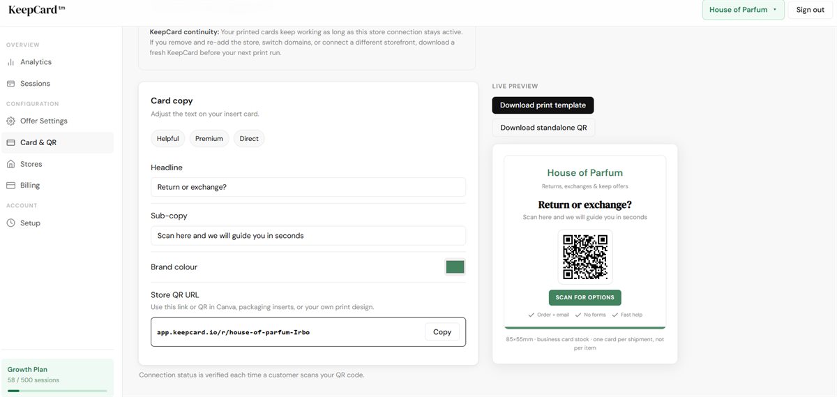 KeepCard QR card template showing a branded returns insert with scannable code for return and exchange flows.
