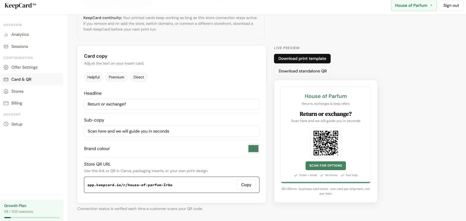 KeepCard QR insert card template for post-purchase return-intent capture.
